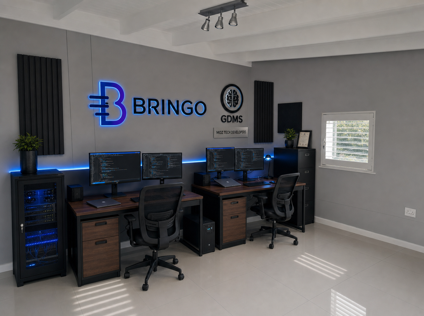 Bringo developer studio with GDMS and Moz Tech wall branding